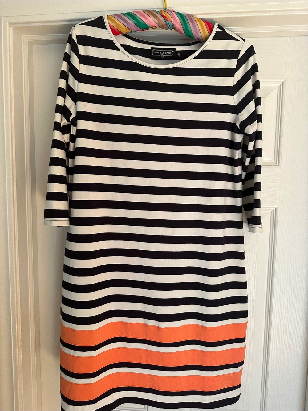 Duffield Lane Black & White Striped Midi Dress with Orange Hem Bands